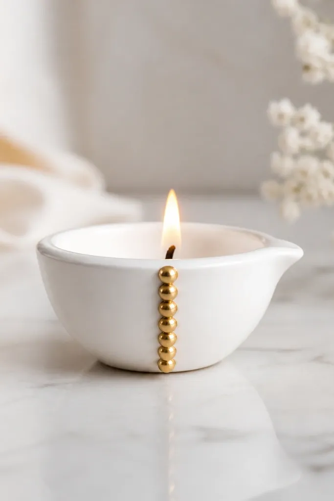 A diya with a white base and a single vertical border of small gold beads on one side from rim to mid-cup. The rest is plain white.