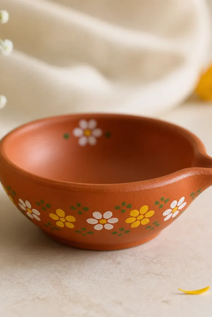 A terracotta-colored diya painted with tiny five-petal flowers in white and yellow, plus small green dots like leaves. The flowers sit around the middle and one near the rim.