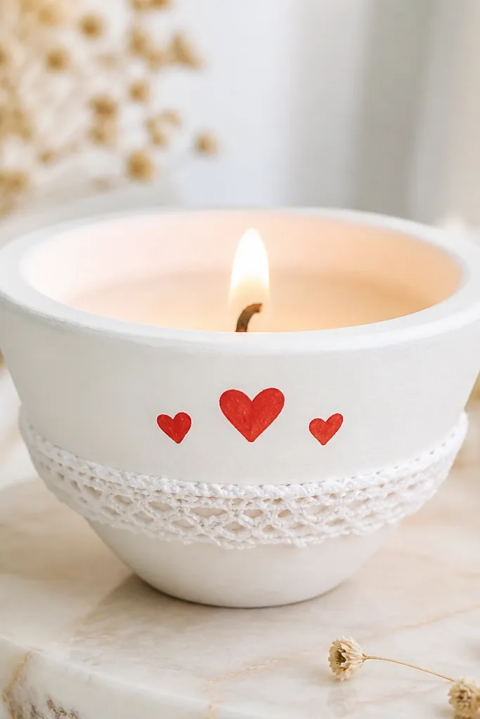 A white diya wrapped with a thin white lace band around the middle and red tiny hearts painted on the front. The rim is plain white.