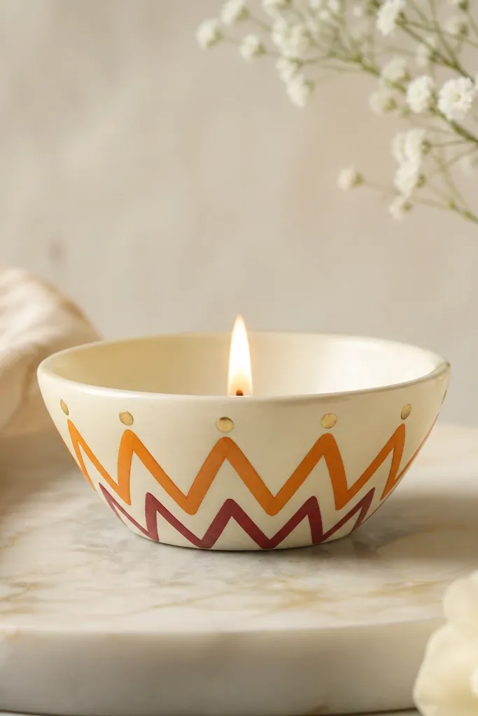 A cream diya painted with a chevron V-pattern in orange and maroon on the front, with a small gold dot at the top of each V near the rim.