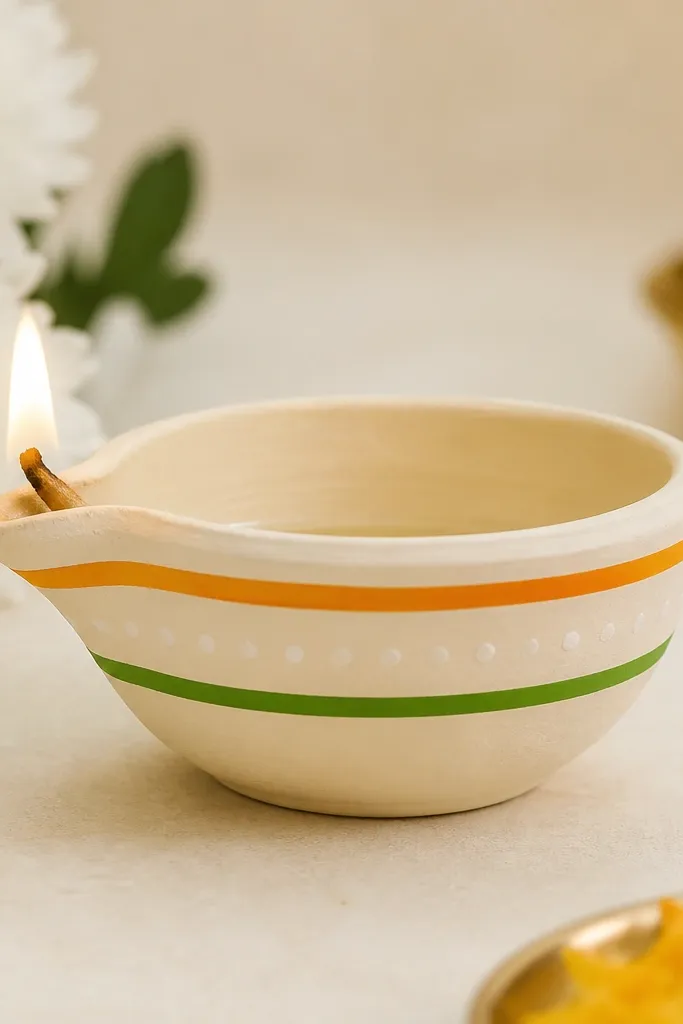 A diya painted matte cream with a thin saffron border line near the rim and a green border line lower down, plus small white dot separators between the lines.