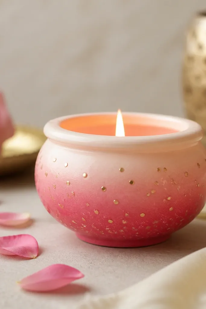A diya with a rose pink gradient that fades to pale cream near the top and gold stipple dots scattered lightly around the middle and lower half.