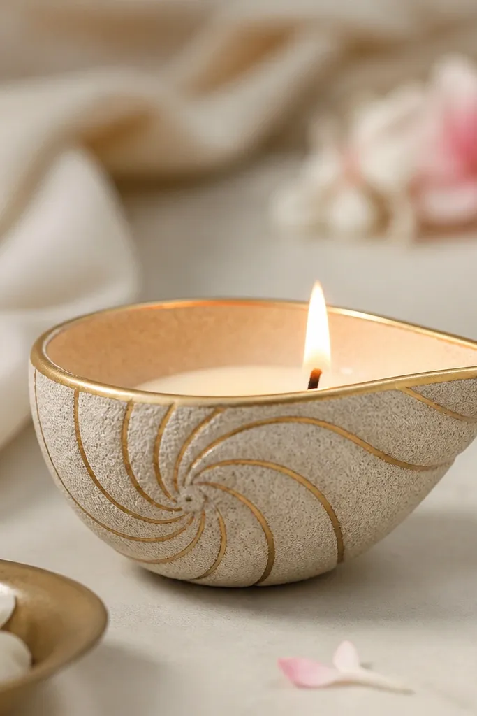 A diya with a beige base and a textured sand-like finish, with thin faux shell lines painted in light brown spirals. The rim has a single gold line.
