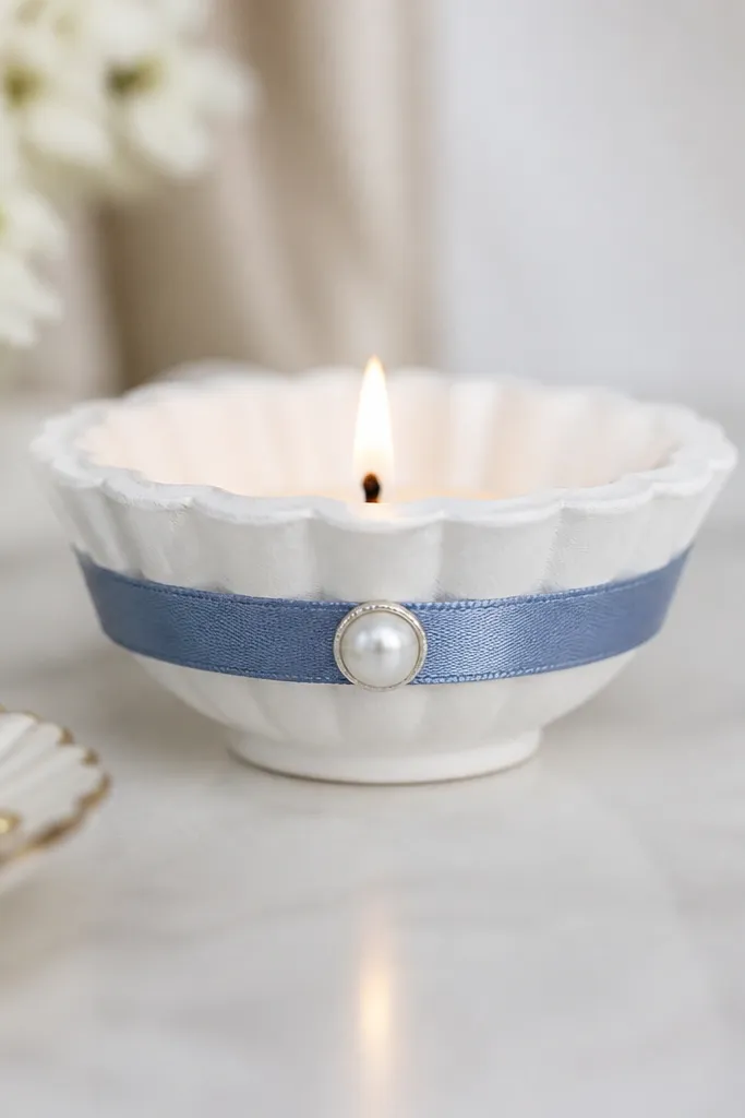 A diya with a white base and a satin ribbon band in dusty blue around the middle. A single pearl bead sits centered on the front of the ribbon.
