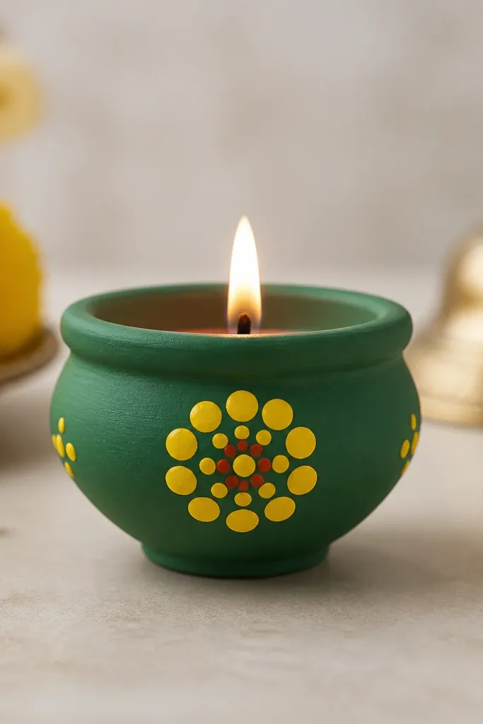 A diya with a matte green base and a marigold flower made from yellow dot petals around the center front, plus tiny red-orange dots in the flower center. The rim is green.