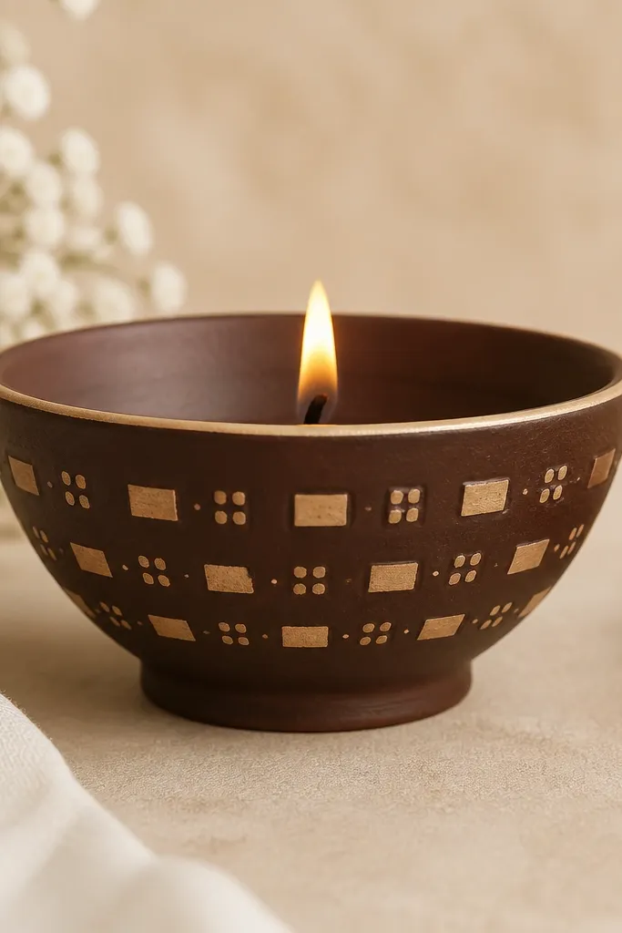 A chocolate-brown diya with tan painted mini rectangles and small dots arranged like a tile pattern on the front. The rim has a thin beige line.
