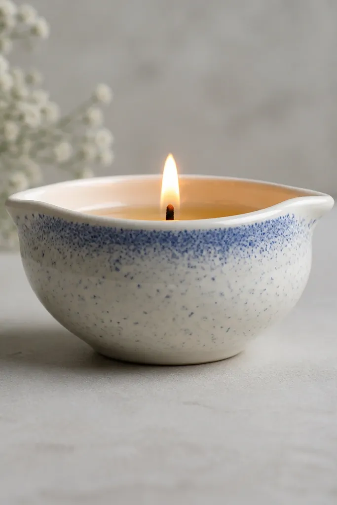 A white diya with scattered tiny blue speckles across the body, with a faint darker blue cluster near the top. The rim is plain white.