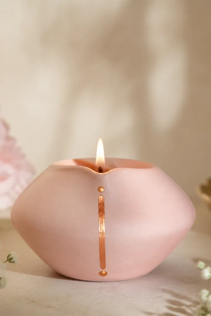 A diya painted light pink with a rose-gold foil line running vertically down the front and a small gold dot at the top and bottom of the line.