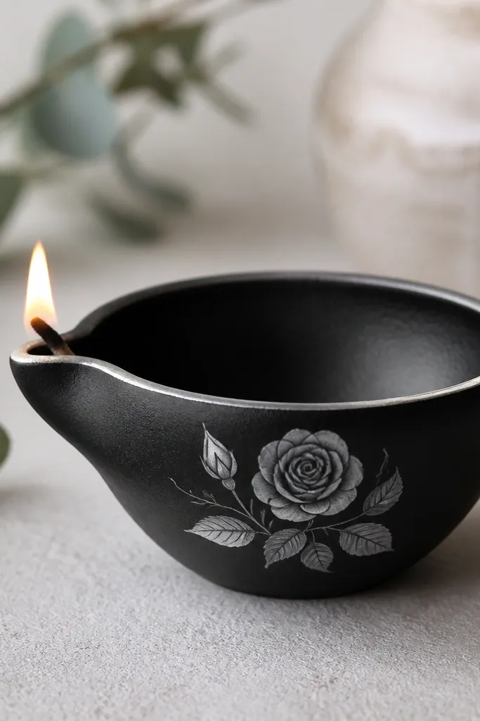 A black diya with a small rose flower painted in matte charcoal and silver on the front. The rim has a thin silver outline.