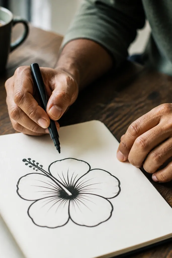 Single hibiscus outlined in black with bold marker petals and yellow center