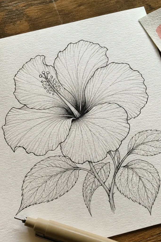 Pencil hibiscus with ink outlines and light vein lines on petals