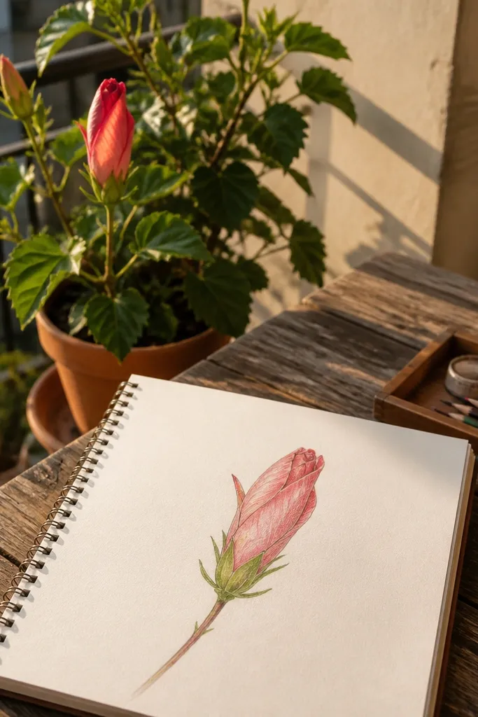 Half-open hibiscus bud with layered petals and a thin stem line