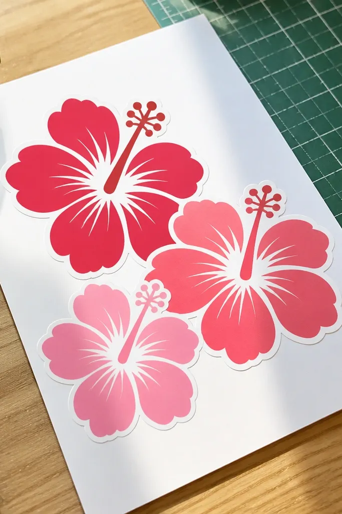 Three hibiscus flowers in a cluster with staggered sizes and simple leaves
