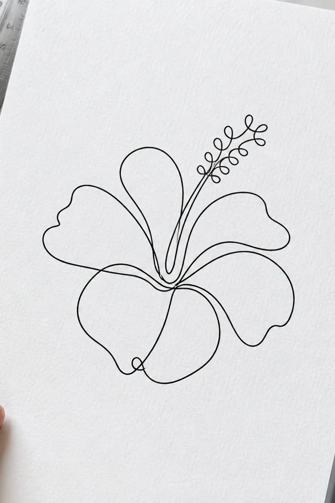 Hibiscus drawn with one continuous line forming petals and center