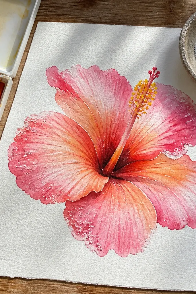 Watercolor hibiscus petals with speckled texture and yellow stamens