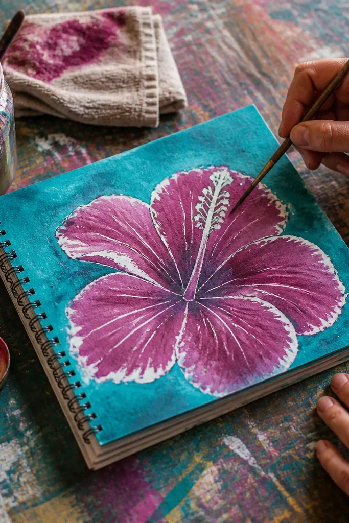 Hibiscus with crayon outlines on colored paper and watercolor wash