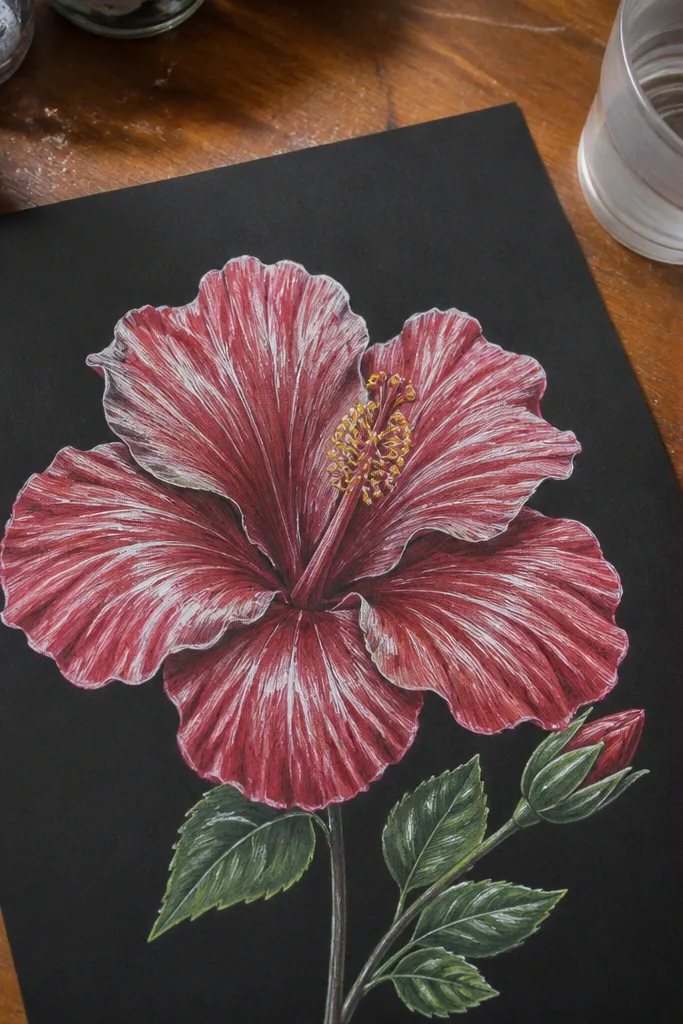 Hibiscus on black paper with white gel pen petal highlights and yellow center