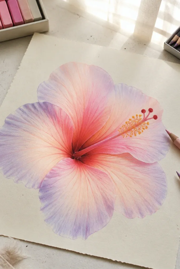 Pastel hibiscus with light blended petals and a warm gradient center