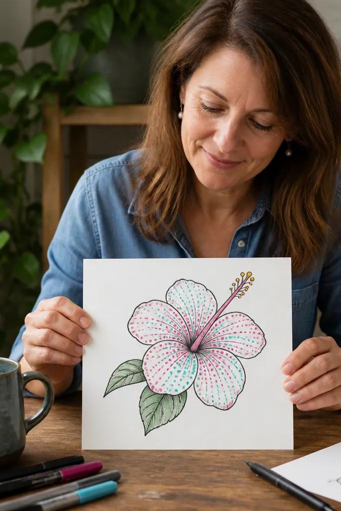 Hibiscus with dotted and dashed texture inside petals and a clean center