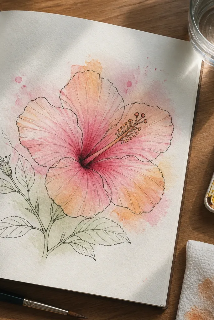 Black outline hibiscus with watercolor wash filling petals behind the lines