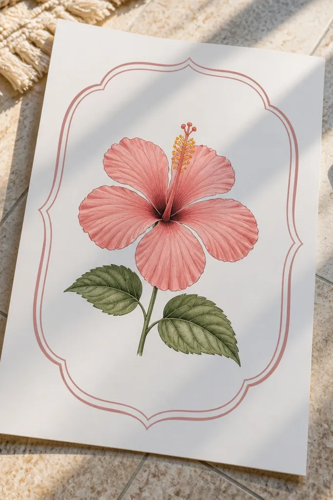 Hibiscus centered inside a curved border with simple leaves