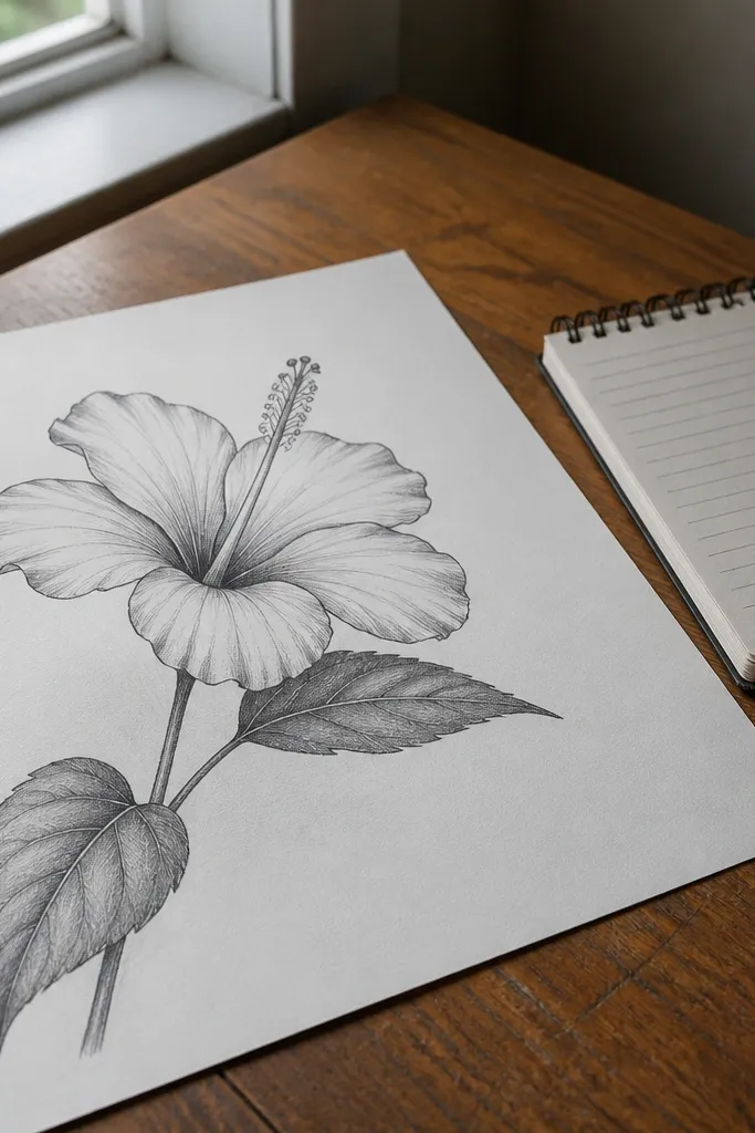 Hibiscus with a diagonal stem and two leaves drawn with simple perspective
