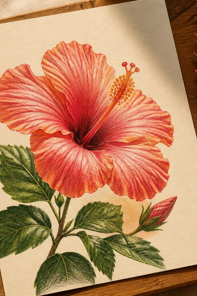 Hibiscus with embossed highlights created by lifting colored pencil on petals