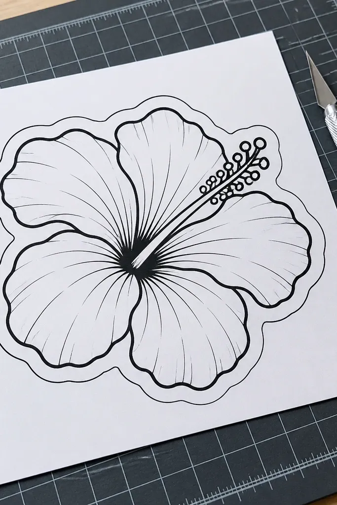 Hibiscus with a sticker-like outline and a clean cut border around petals