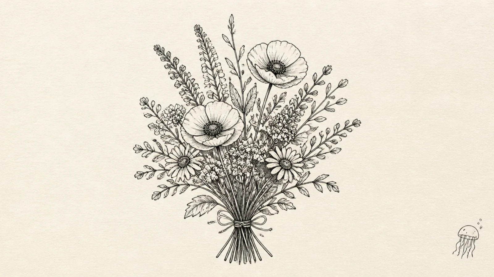 A tiny simple jellyfish doodle tucked into a page corner