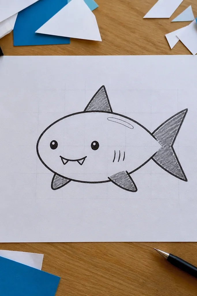 Simple baby shark with a triangle dorsal fin and a big smile on white paper