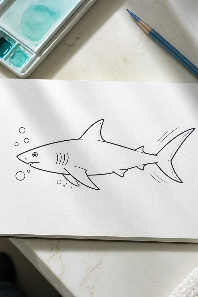 Cartoon shark swimming with bubbles and two curved motion lines behind it