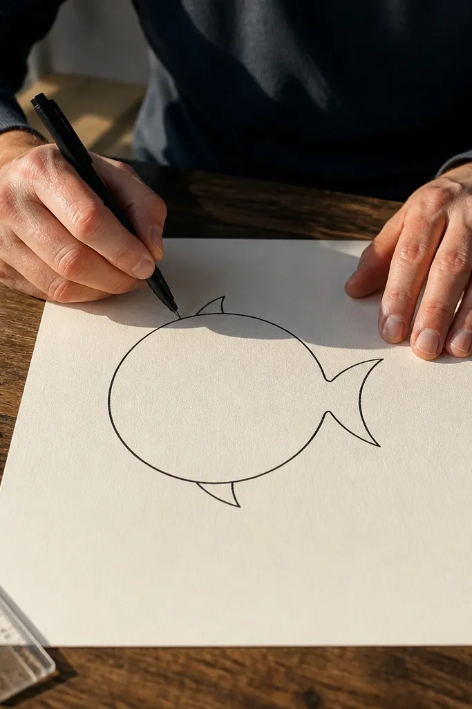 Overhead view shark inside a circle with fin shapes and a simple eye