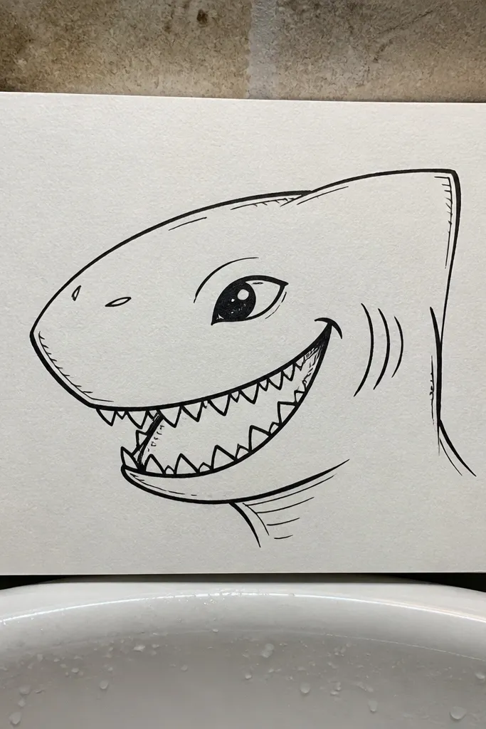 Shark head with a wide grin, simple teeth triangles, and one highlighted eye