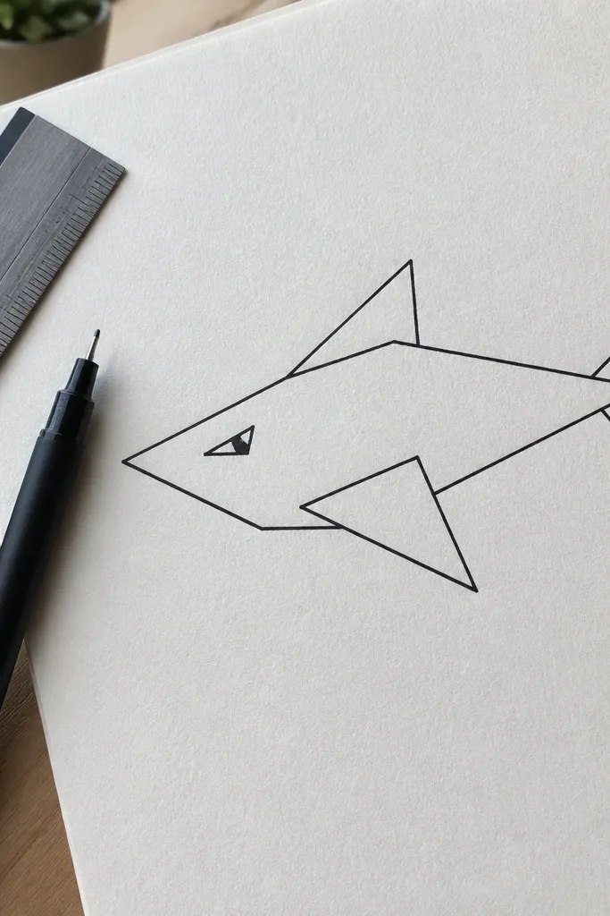 Geometric shark made from triangles and trapezoids with a bold outline