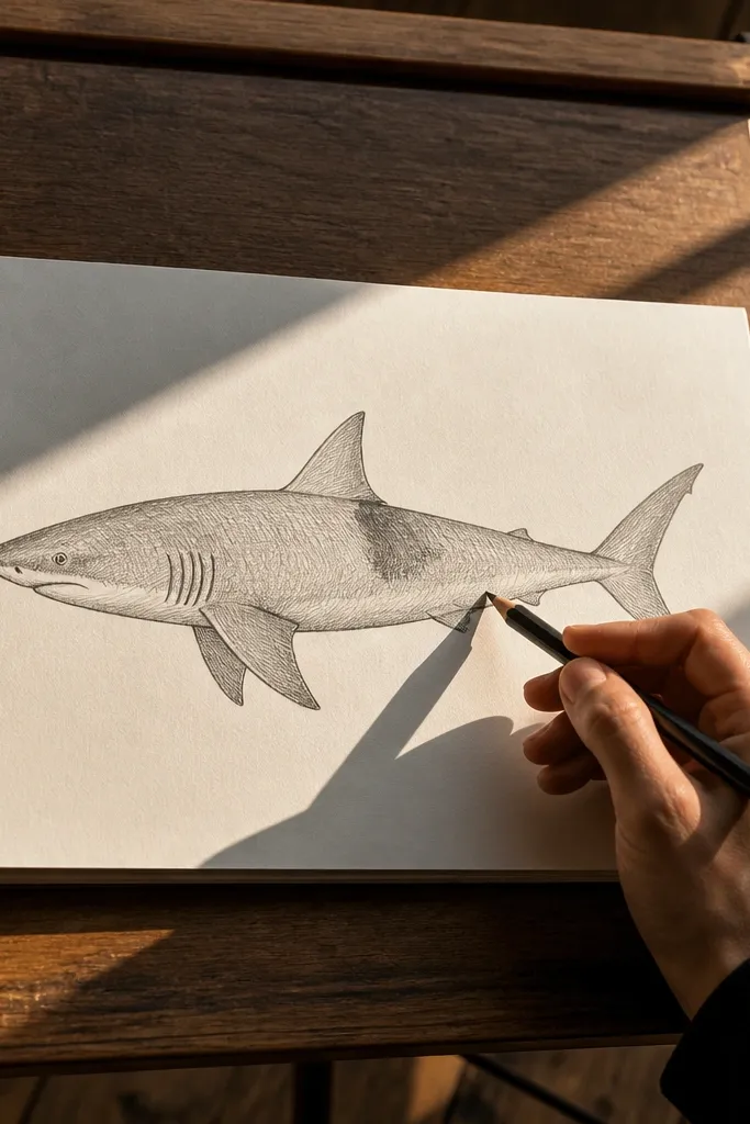 Shark outline filled with neat hatch lines and a single bright eye highlight