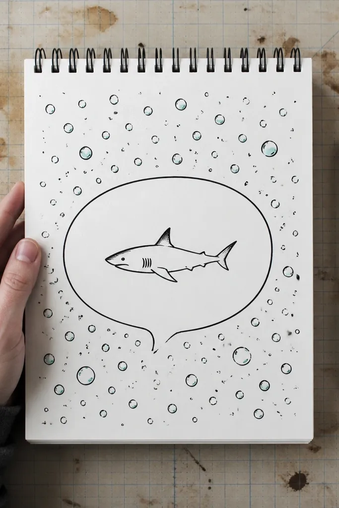 Cartoon shark centered inside a rounded bubble outline with small bubbles around