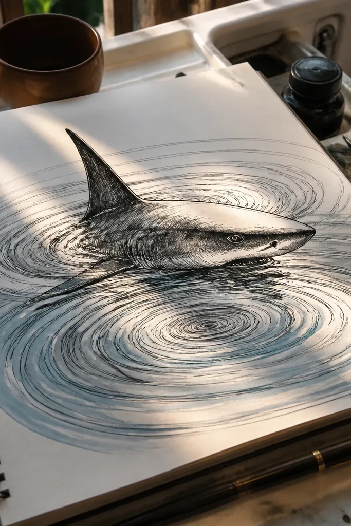 Shark fin breaking the surface with ripple circles radiating outward