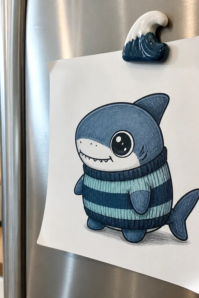 Cute chibi shark wearing a simple sweater with two stripe bands