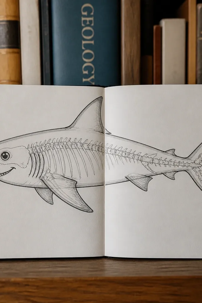 Cute shark outline with simple internal bone-like lines and a smiling eye