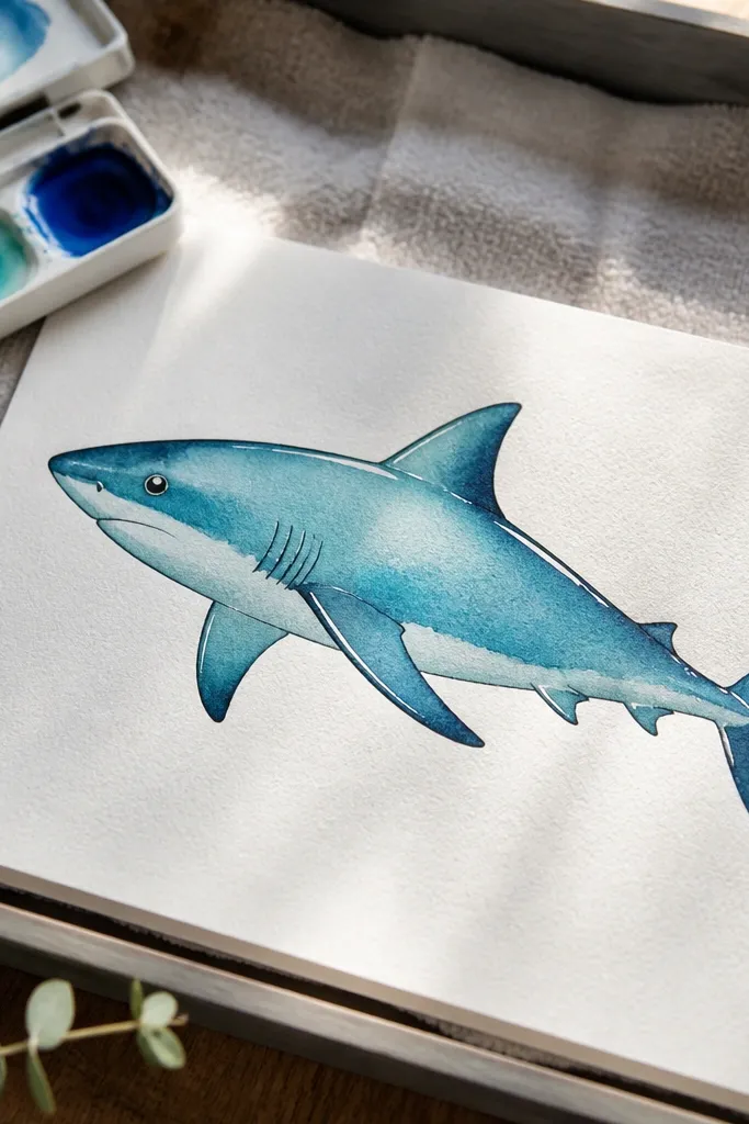 Shark outline with a light watercolor wash and clean white highlight spots
