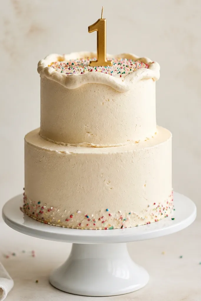 Pencil sketch of a two-tier cake with wavy frosting edges and a few sprinkles