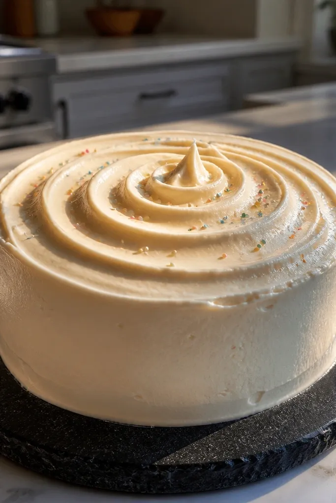 Single cake tier with a spiral swirl in the center and a few dots for sprinkles