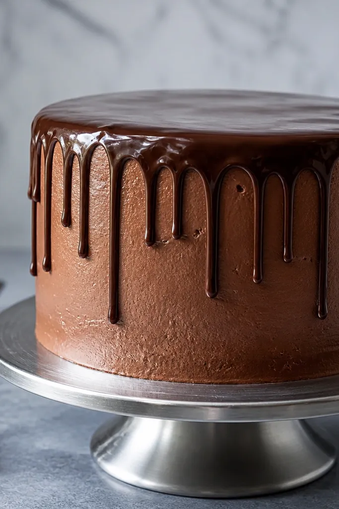 Cake with dark chocolate drip lines and rounded drips over the top edge