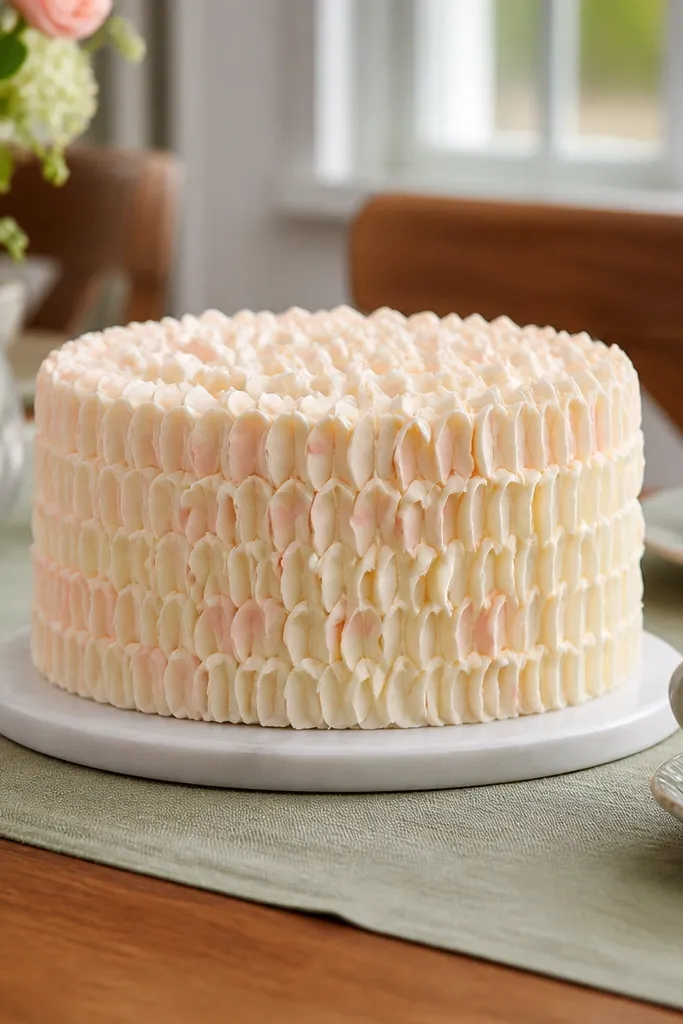 Cake with vertical ruffle frosting lines wrapping around the sides