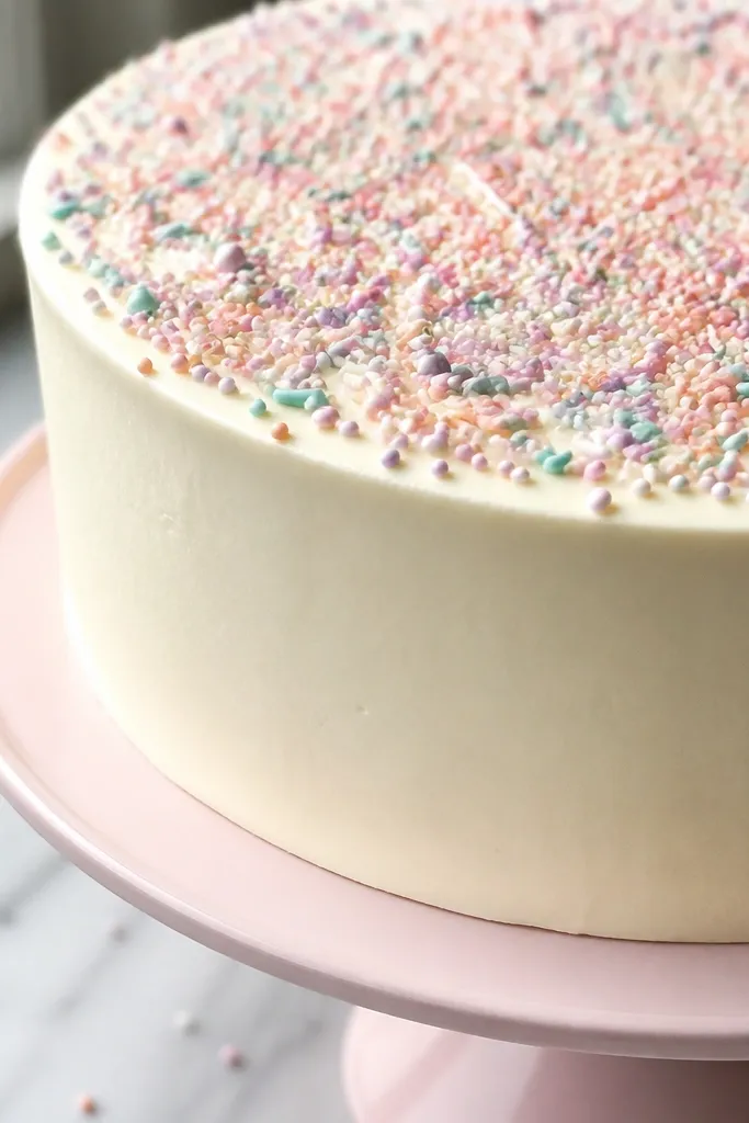Cake with bright confetti sprinkles and light shading around the frosting