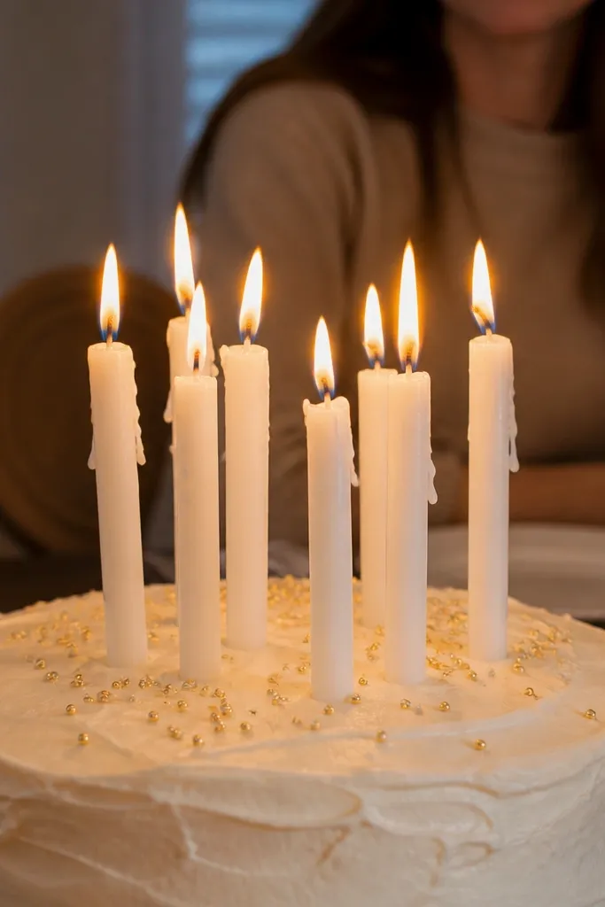 Birthday cake with multiple candles, wax drips, and three flame shapes