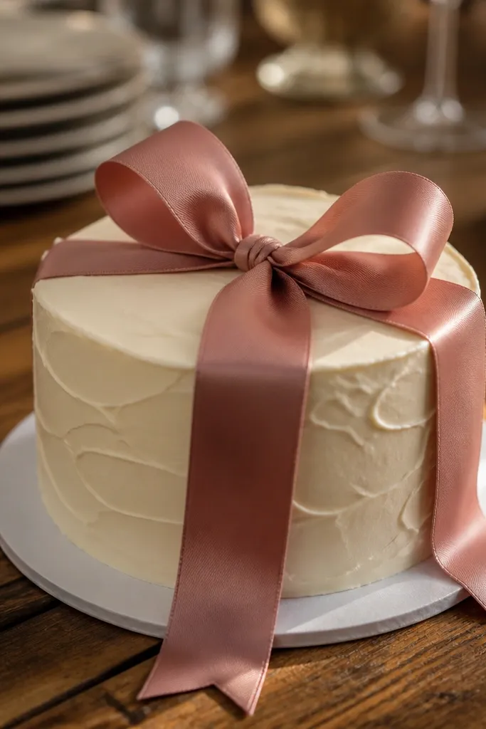 Cake with a centered ribbon bow on top and simple frosting edge