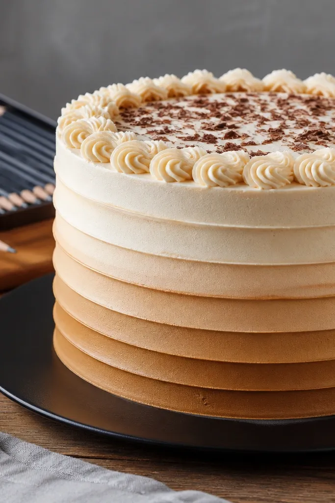 Cake with ombre frosting bands from light to darker pencil shading