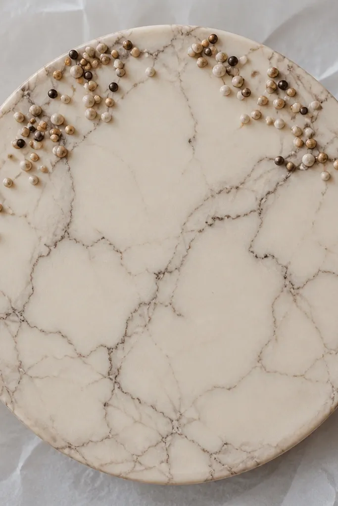 Cake with a marble-pattern frosting top made of thin vein lines