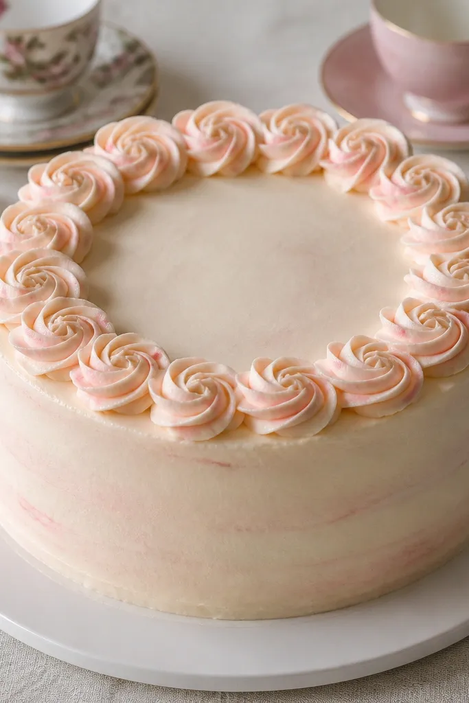 Cake with rosette frosting dots around the top border